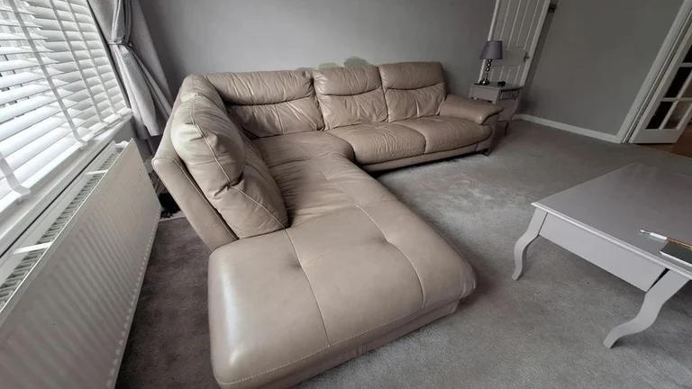 FURNITURE VILLAGE TAUPE LEATHER CORNER SOFA - MUST GO TODAY TODAY - CHEAP DELIVERY - £260